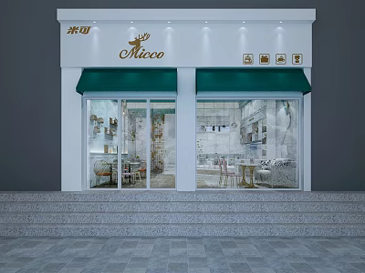 Mico Milk Tea Shop Modern Exterior With Green Awning Glass Front And Steps 3d model