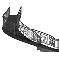 Black Spiral Staircase With Intricate Wrought Iron Railings And Curved Design