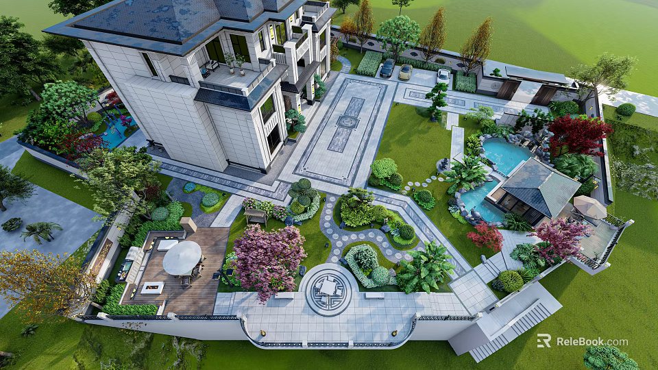 Luxurious Garden Landscape with Villa Lawn Water Features Ornamental Plants and Pathways 3d model 