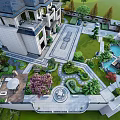 Luxurious Garden Landscape with Villa Lawn Water Features Ornamental Plants and Pathways