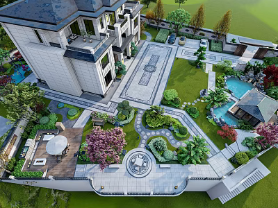 Luxurious Garden Landscape with Villa Lawn Water Features Ornamental Plants and Pathways 3d model