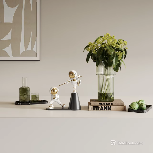 Decorative Ornament Set With Astronaut Figurines Green Floral Vase Stacked Books And Fruit Tray 3d model 