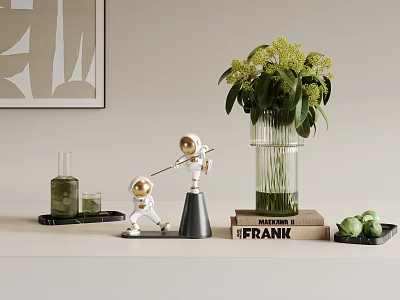 Decorative Ornament Set With Astronaut Figurines Green Floral Vase Stacked Books And Fruit Tray 3d model