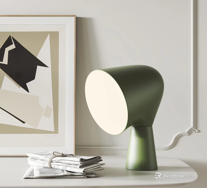 Modern Green Table Lamp on White Table with Stack of Newspapers and Geometric Art Print 3d model 