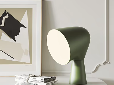 Modern Green Table Lamp on White Table with Stack of Newspapers and Geometric Art Print 3d model