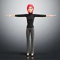 Red Haired Female Character In Black Top And Gray Pants With Arms Outstretched On Gray Background