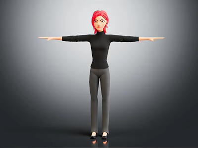 Red Haired Female Character In Black Top And Gray Pants With Arms Outstretched On Gray Background 3d model
