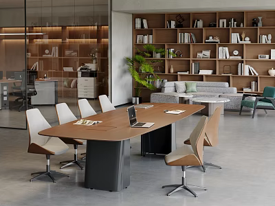Modern Conference Room Interior Design With Long Table Comfortable Chairs And Bookshelves 3d model