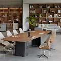 Modern Conference Room Interior Design With Long Table Comfortable Chairs And Bookshelves