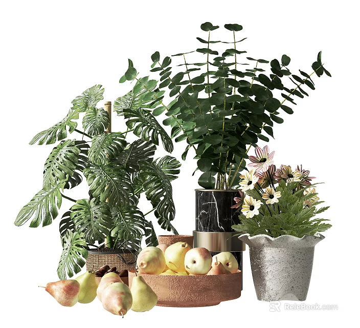 Decorative Indoor Potted Plants With Monstera Leaves And Marble Silver Pots 3d model 