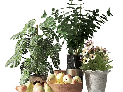 Decorative Indoor Potted Plants With Monstera Leaves And Marble Silver Pots 3d model
