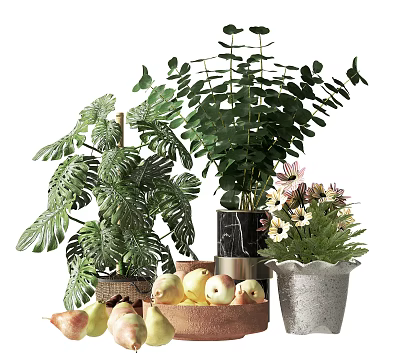 Decorative Indoor Potted Plants With Monstera Leaves And Marble Silver Pots 3d model