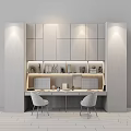 Home Office Setup Desk and Chair Set with White Cabinets Wooden Elements Computers and Decorations