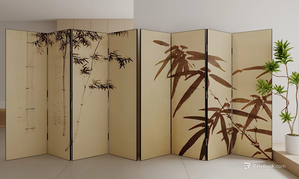 Traditional Bamboo Pattern Screen With Beige Panels And Black Frame Design 3d model