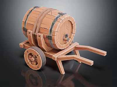 Wooden Barrel Mounted On Vintage Cart With Spoked Wheels And Handles 3d model