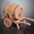 Wooden Barrel Mounted On Vintage Cart With Spoked Wheels And Handles