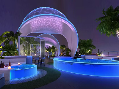 Futuristic Stunning Rooftop Night Lounge With Illuminated Pools Unique Domes And Lush Tropical Palm Plants 3d model