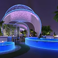 Futuristic Stunning Rooftop Night Lounge With Illuminated Pools Unique Domes And Lush Tropical Palm Plants