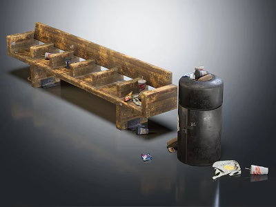 Rustic Wooden Public Bench With Industrial Design And Scattered Tools Nearby 3d model