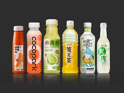 Assorted Bottled Beverages With Fruit Juice Green Lime Lemon Tea Sparkling Soda And Milk Flavors 3d model