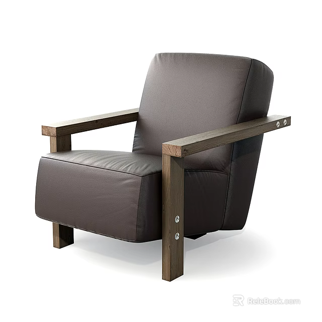 Dark Brown Leather Single Sofa With Wooden Arms Modern Comfortable Design 3d model 
