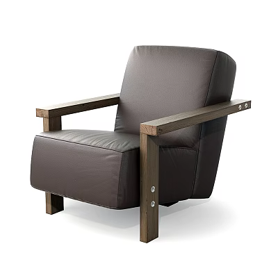 Dark Brown Leather Single Sofa With Wooden Arms Modern Comfortable Design 3d model