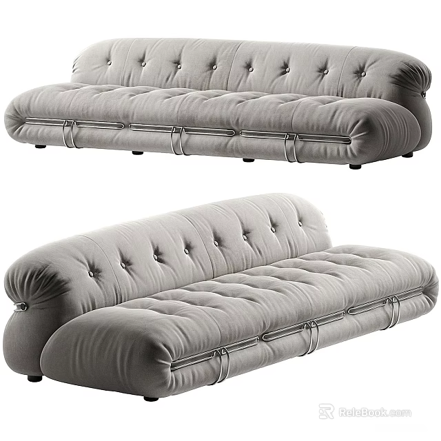 Two Seater Gray Fabric Sofa With Tufted Buttons And Rounded Design 3d model 