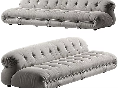 Two Seater Gray Fabric Sofa With Tufted Buttons And Rounded Design 3d model
