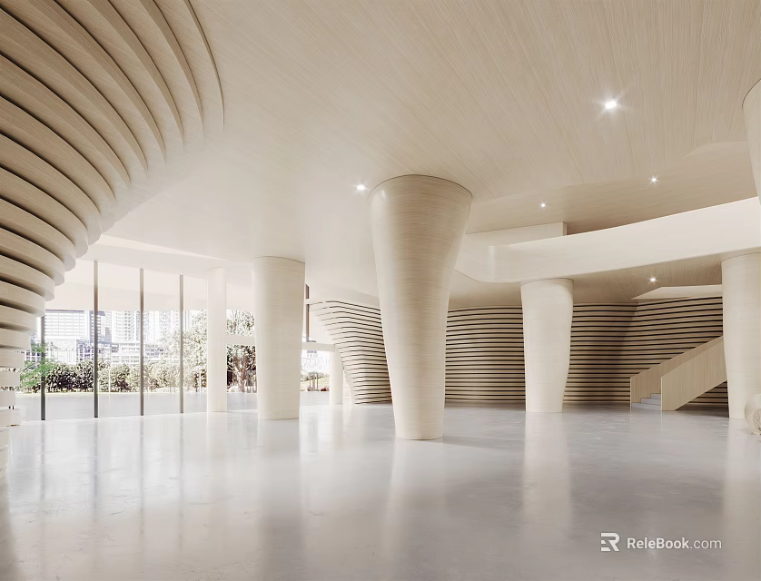 Modern Hotel Lobby Interior Design With Curved Wooden Columns Large Windows And Spacious Layout 3d model 