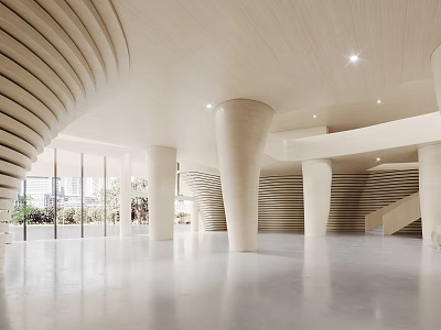 Modern Hotel Lobby Interior Design With Curved Wooden Columns Large Windows And Spacious Layout 3d model