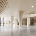 Modern Hotel Lobby Interior Design With Curved Wooden Columns Large Windows And Spacious Layout