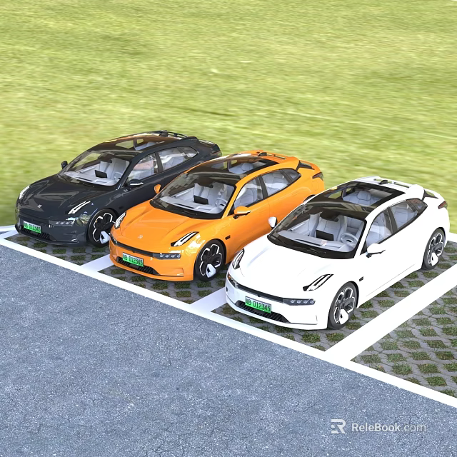 Three Modern Black Orange White Cars Parked Side by Side With Streamlined Electric Vehicle Design 3d model 