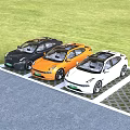 Three Modern Black Orange White Cars Parked Side by Side With Streamlined Electric Vehicle Design