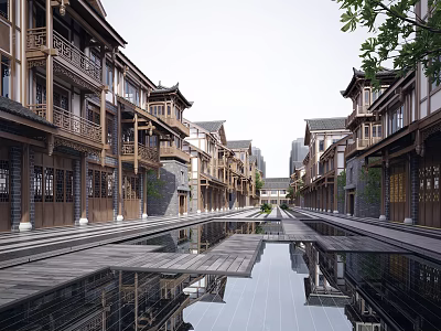 Traditional Commercial Street Featuring Classical Wooden Architecture Stone Paved Path And Water Reflections 3d model