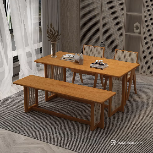 Natural Wooden Rectangular Dining Table Set With Chairs Bench And Decorative Items 3d model