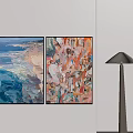 Colorful Abstract Paintings On Wall With Modern Floor Lamp Decor