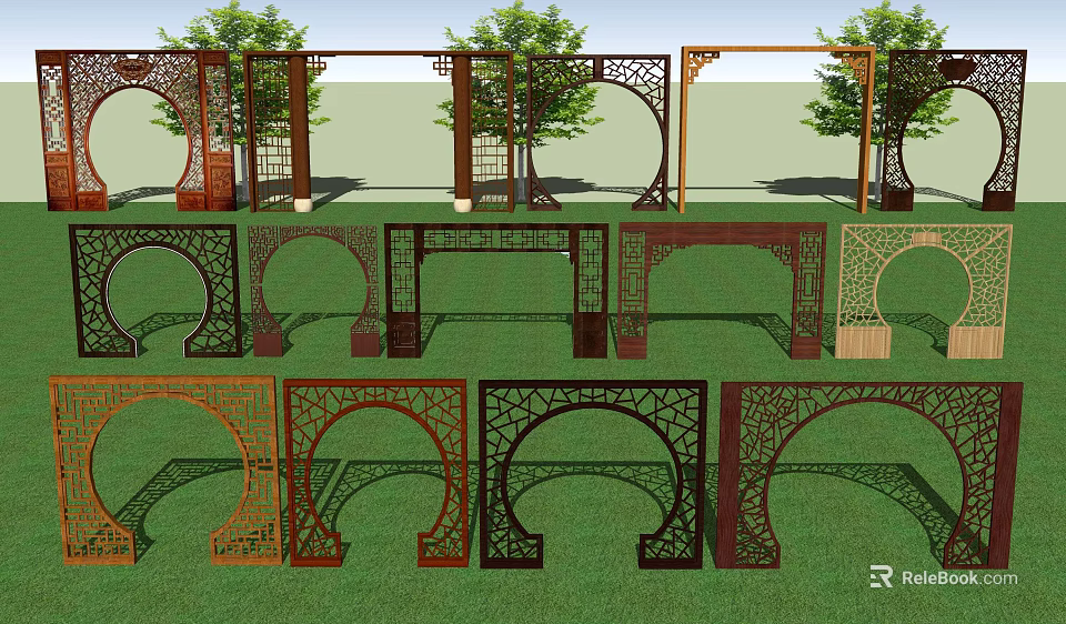 Decorative Garden Arches With Various Intricate Patterns And Wooden Frames 3d model 