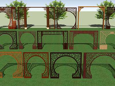 Decorative Garden Arches With Various Intricate Patterns And Wooden Frames 3d model