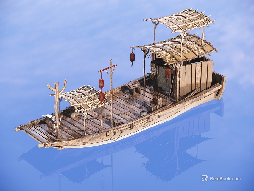 Traditional Wooden Boat with Bamboo Roof Red Lanterns and Reflection on Calm Water 3d model 
