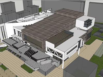 Contemporary Architectural Design With Wooden Roof Open Plaza Stone Steps And Glass Facade 3d model