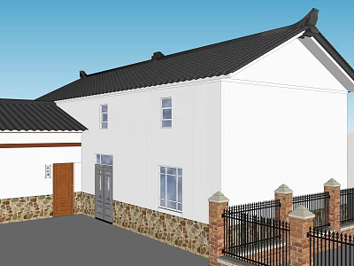 Traditional Chinese Homestay Building Featuring White Walls Black Roof Stone Wall Base And Iron Fence 3d model