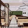 Modern Restaurant Interior With Wooden Counters White Tables Yellow Chairs And Blue Ceiling Decorations