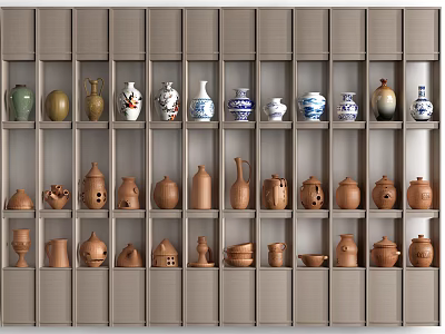Modern Storage Shelf Unit Displaying Multicolored Ceramic Vases And Pottery For Home Decor 3d model