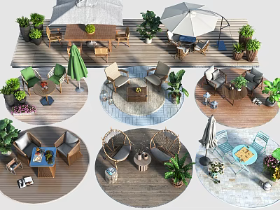 Outdoor Table And Chair Sets In Garden Patio With Umbrellas And Green Plants 3d model