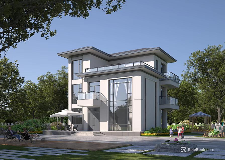 Modern Two Storey Detached Villa With Large Windows Balconies Green Trees Lawn And Outdoor Seating 3d model 