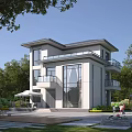 Modern Two Storey Detached Villa With Large Windows Balconies Green Trees Lawn And Outdoor Seating
