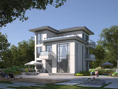Modern Two Storey Detached Villa With Large Windows Balconies Green Trees Lawn And Outdoor Seating 3d model