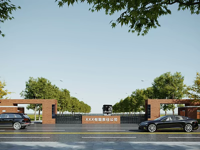 Red Brick Corporate Entrance Gate With Company Name Sign Black Cars Trees And Road 3d model