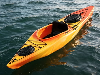 Bright Orange Yellow Kayak With Comfortable Seat And Storage Hatches On Water 3d model