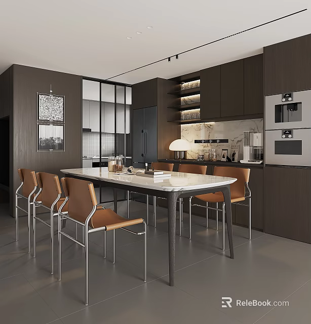 Modern Restaurant Interior Design With Dining Table Chairs Open Kitchen Dark Cabinets And Pendant Light 3d model 